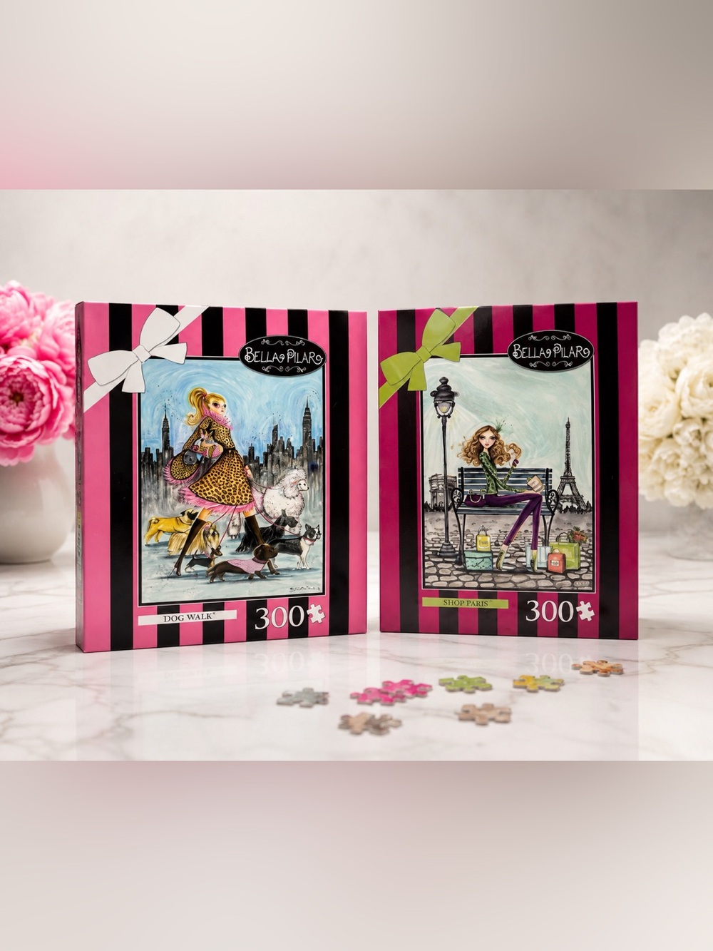 Bella Pilar 300 Piece Puzzle Lot – “Dog Walk” & “Shop Paris” Fashion Art Puzzles